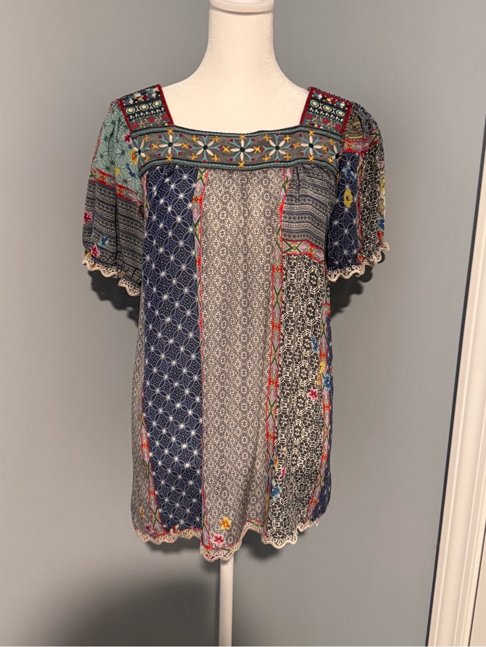 Johnny Was Boho Patchwork Square-Neck Women’s Top in Navy Multi Size XS